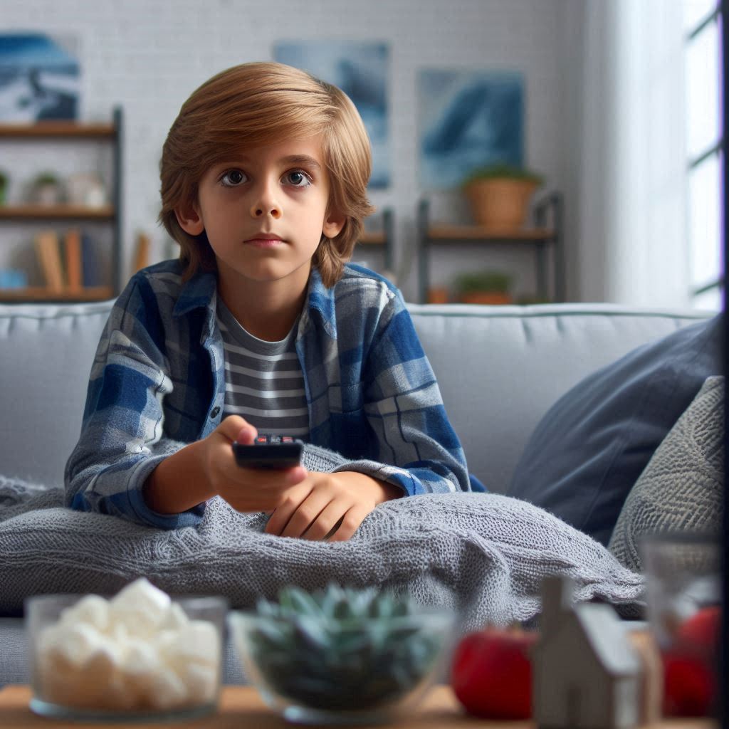 Child watching TV on sofa in living room