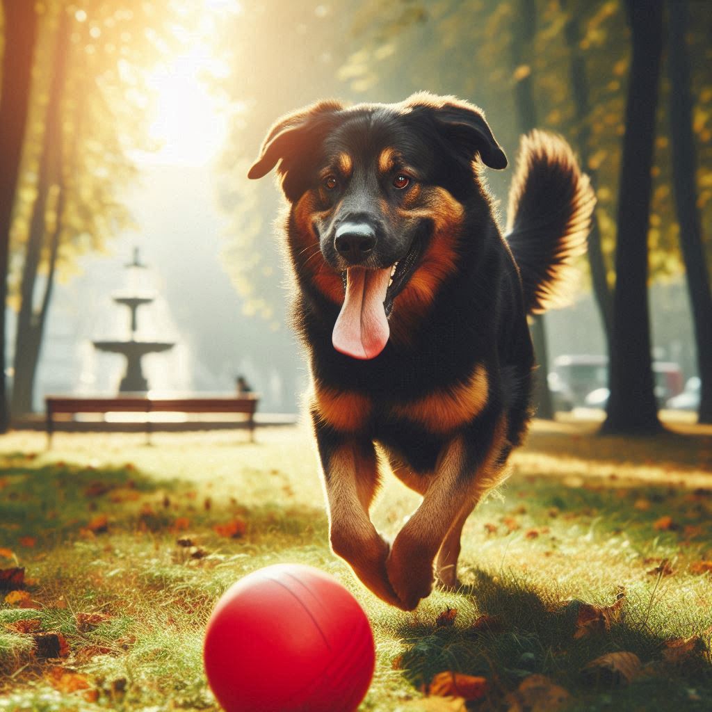 Large dog running after red ball in park