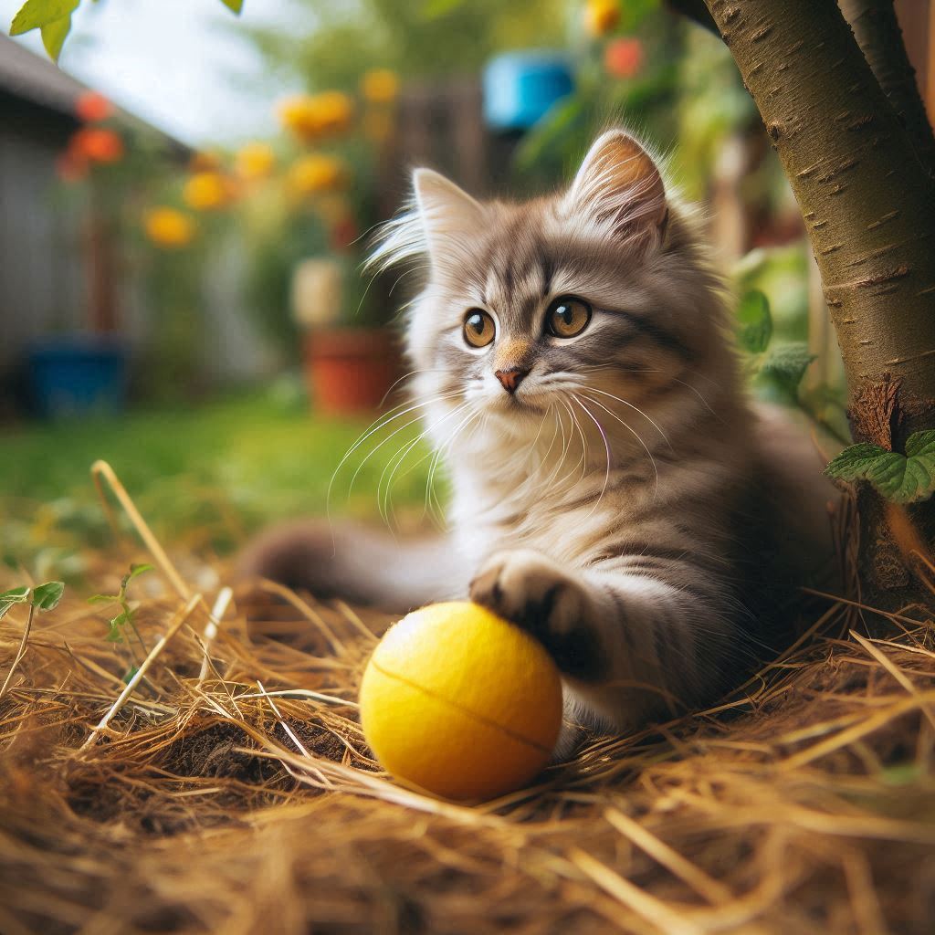 Cat playing with yellow ball in garden