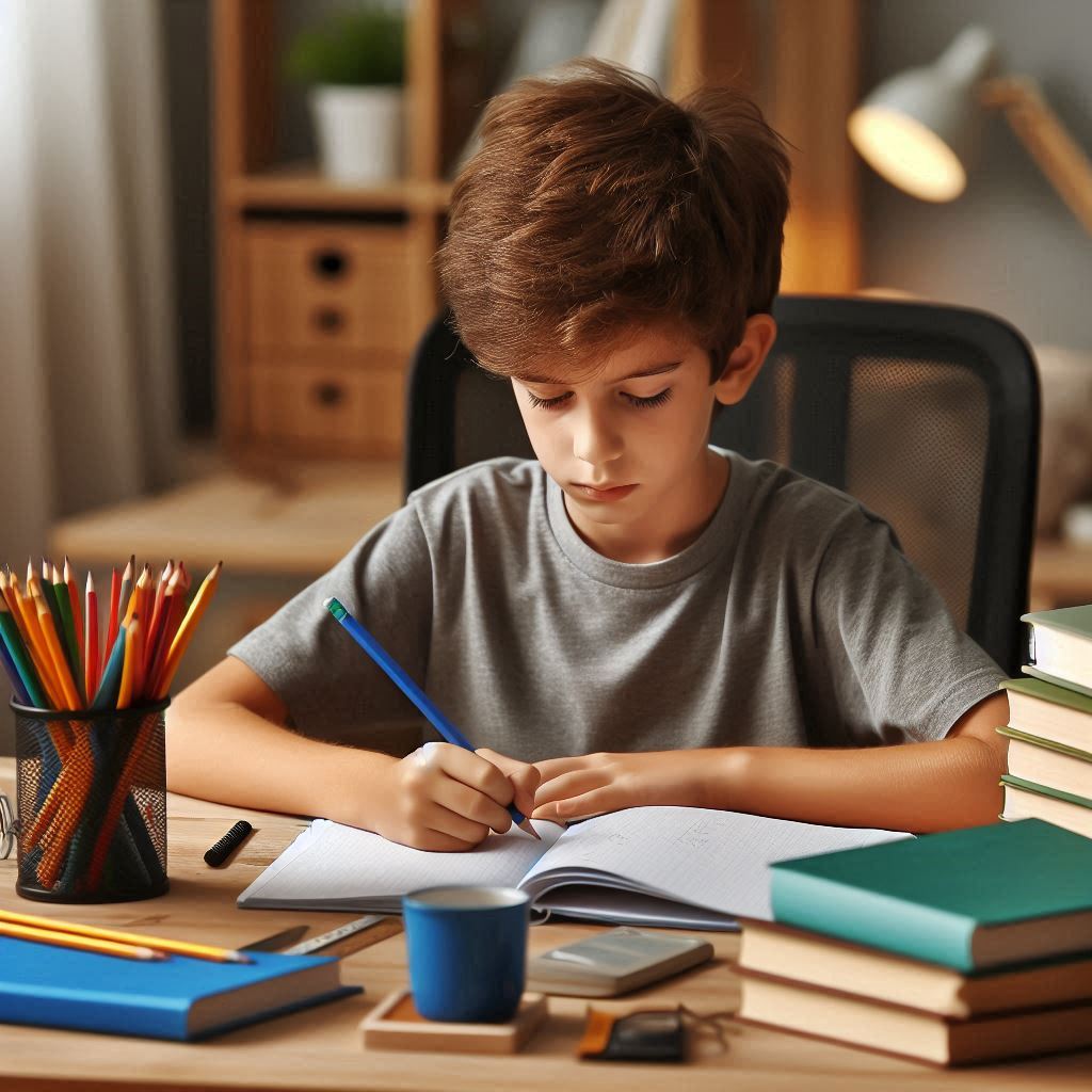 Child doing homework at desk