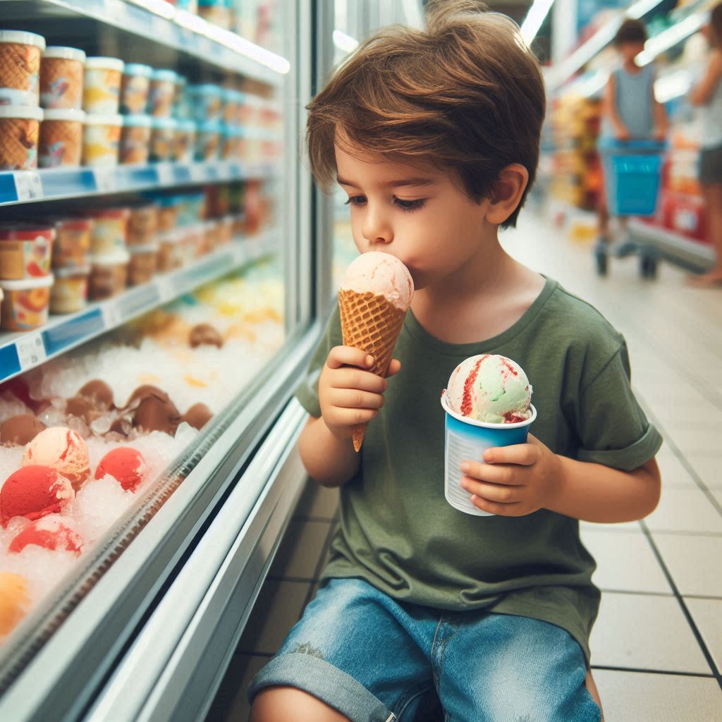 Child eating ice cream near frozen food section