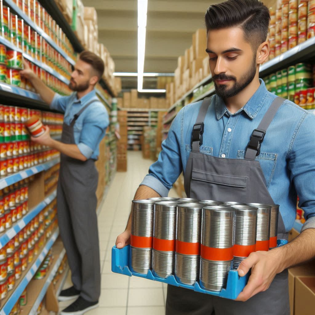 Man stacking cans of soup in supermarket