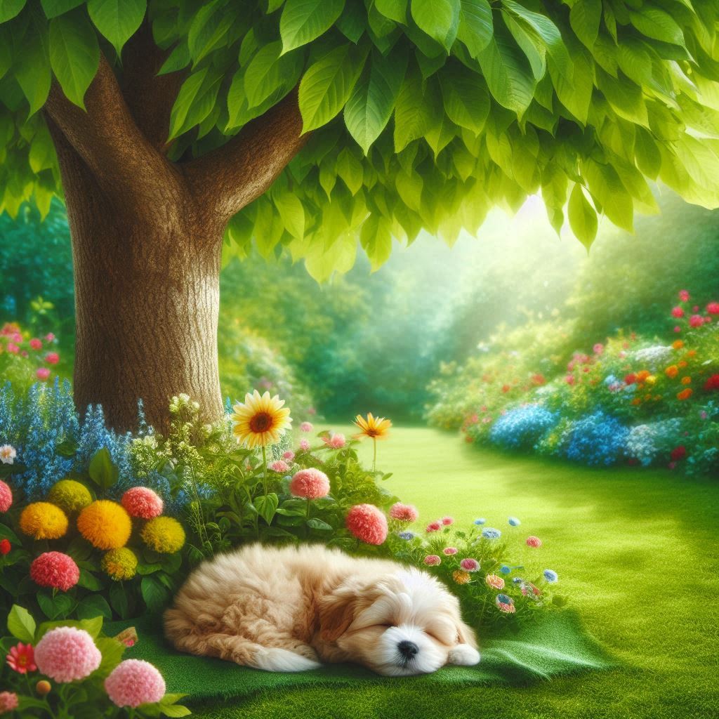 Small dog sleeping under tree in park