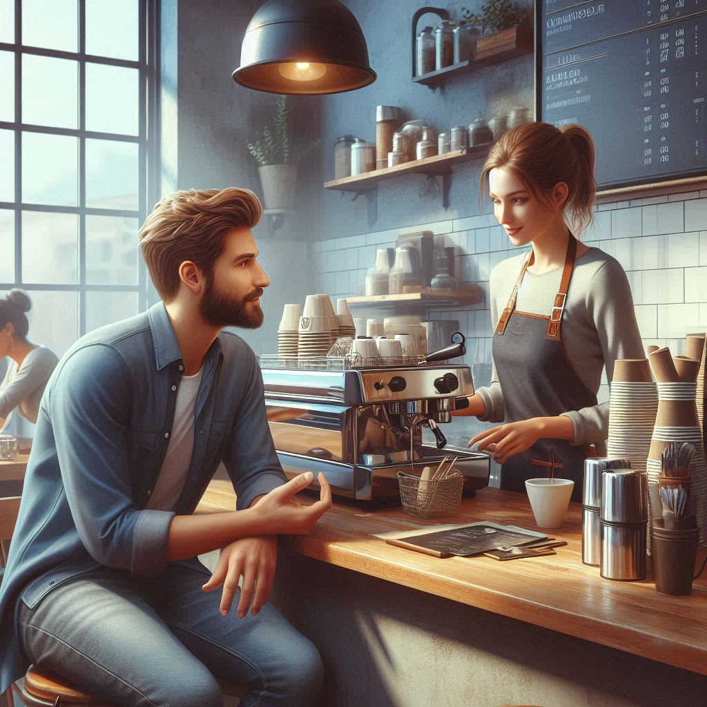 Man talking to barista placing coffee order