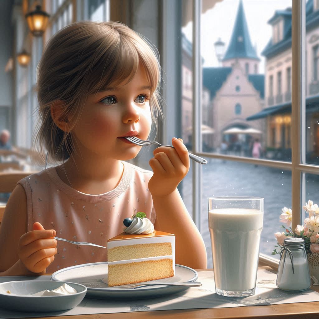 Child eating cake with milk at cafe