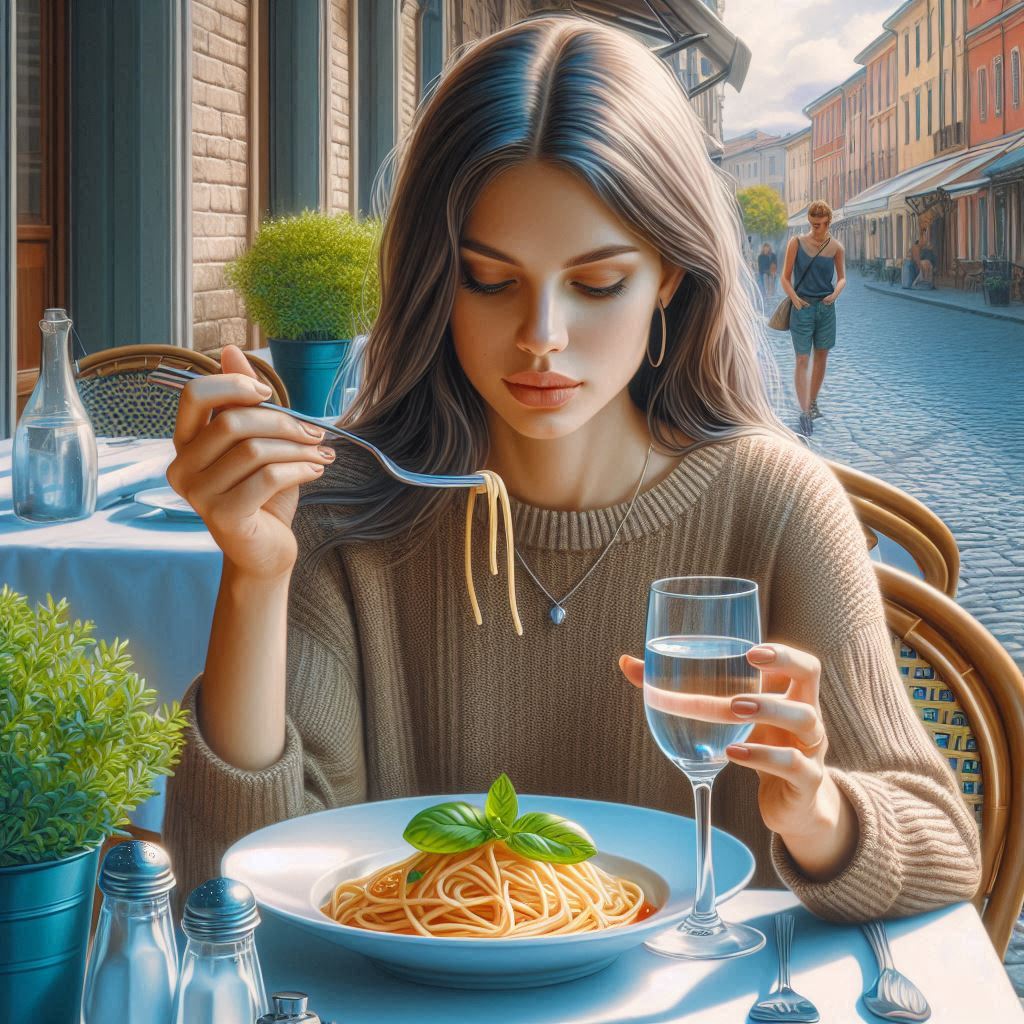 Woman eating pasta and drinking water at cafe