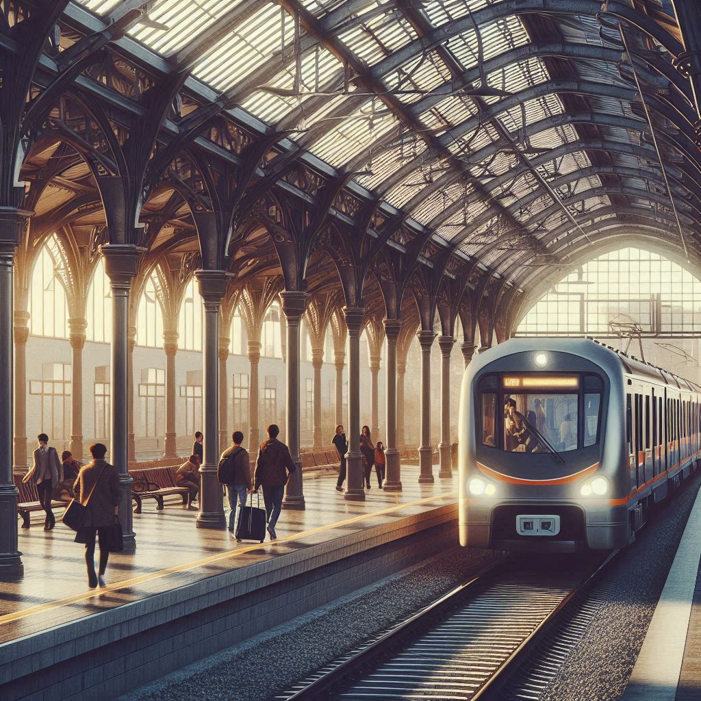 Train at station with people boarding